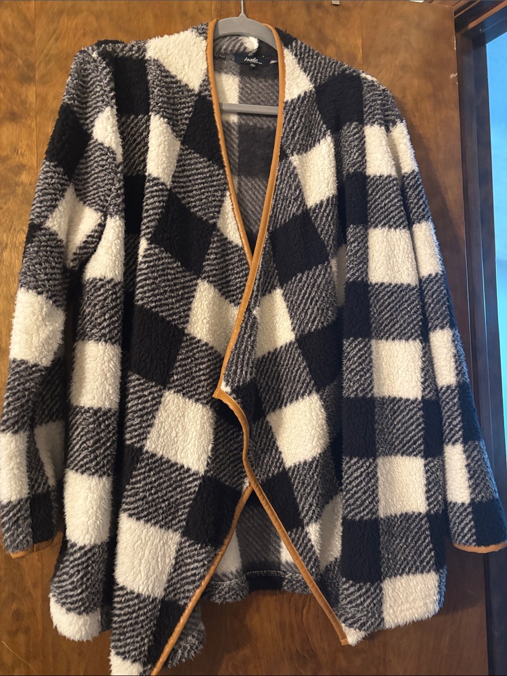 Angels Black and White Plaid Sherpa Open Front Coatigan
